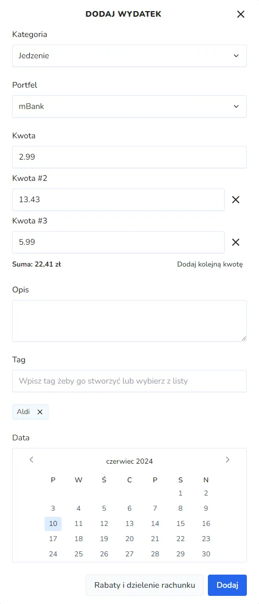 Proces dodawania kolejnych kwot do kategorii.